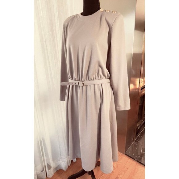 Vintage 1980s dress, grey/beige, long sleeves, a-line silhouette, office wear - Picture 3 of 9